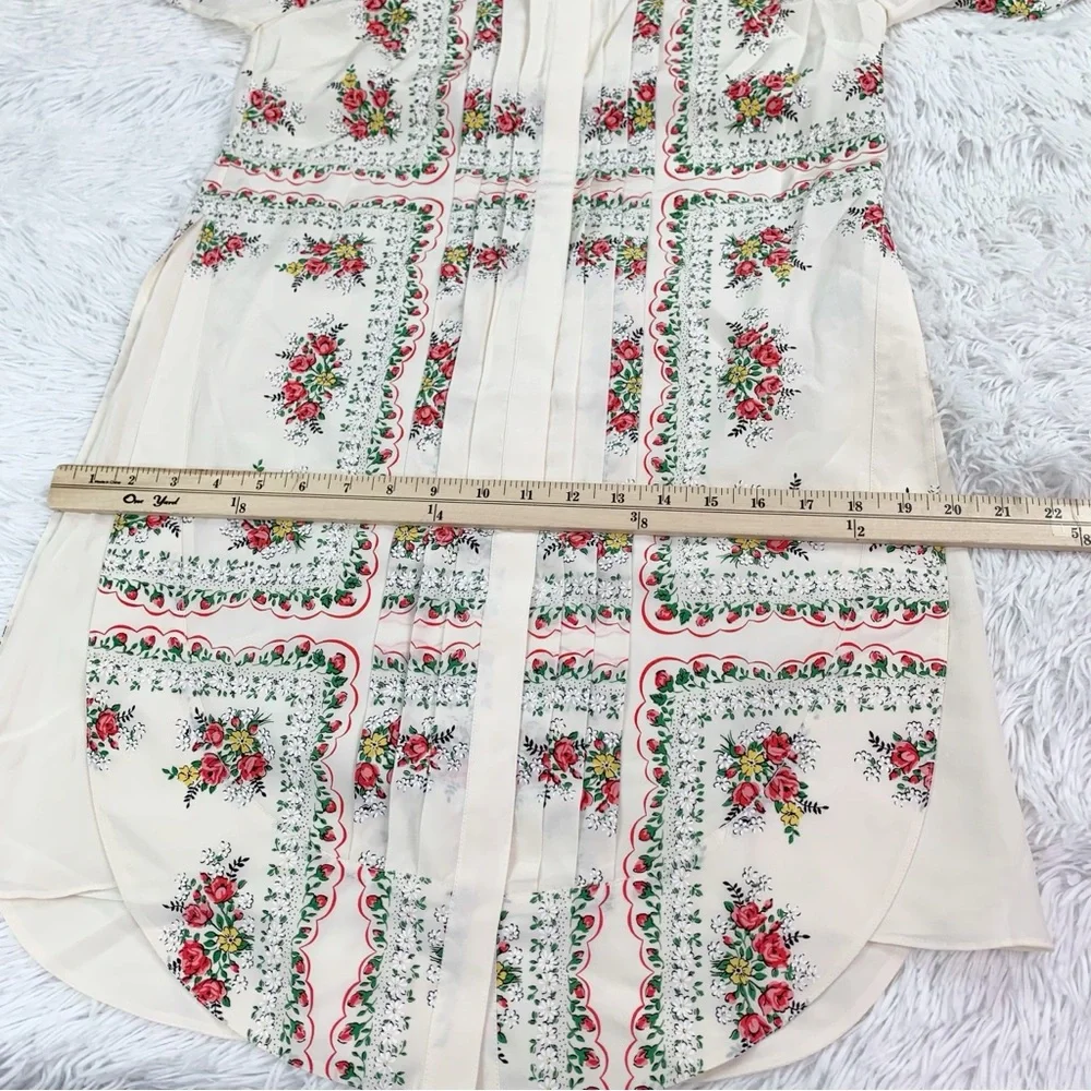 Tory Burch long sleeve‎ pleated garden veil floral silk shirt dress in cream